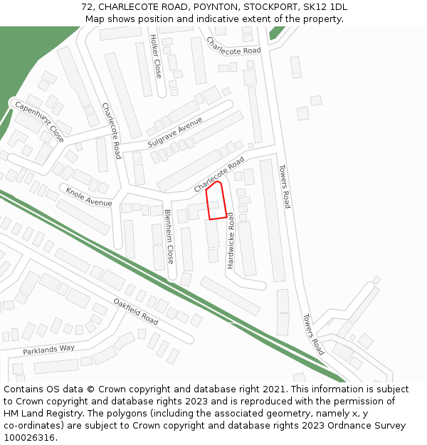 72, CHARLECOTE ROAD, POYNTON, STOCKPORT, SK12 1DL: Location map and indicative extent of plot