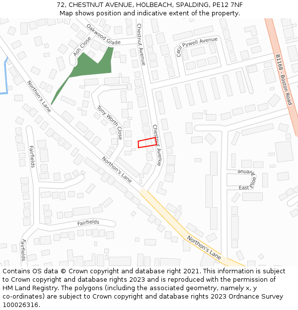 72, CHESTNUT AVENUE, HOLBEACH, SPALDING, PE12 7NF: Location map and indicative extent of plot