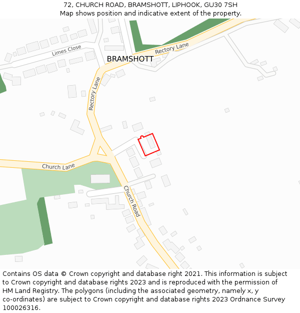 72, CHURCH ROAD, BRAMSHOTT, LIPHOOK, GU30 7SH: Location map and indicative extent of plot