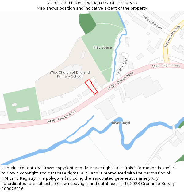 72, CHURCH ROAD, WICK, BRISTOL, BS30 5PD: Location map and indicative extent of plot