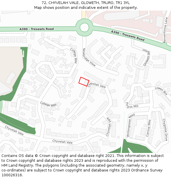 72, CHYVELAH VALE, GLOWETH, TRURO, TR1 3YL: Location map and indicative extent of plot