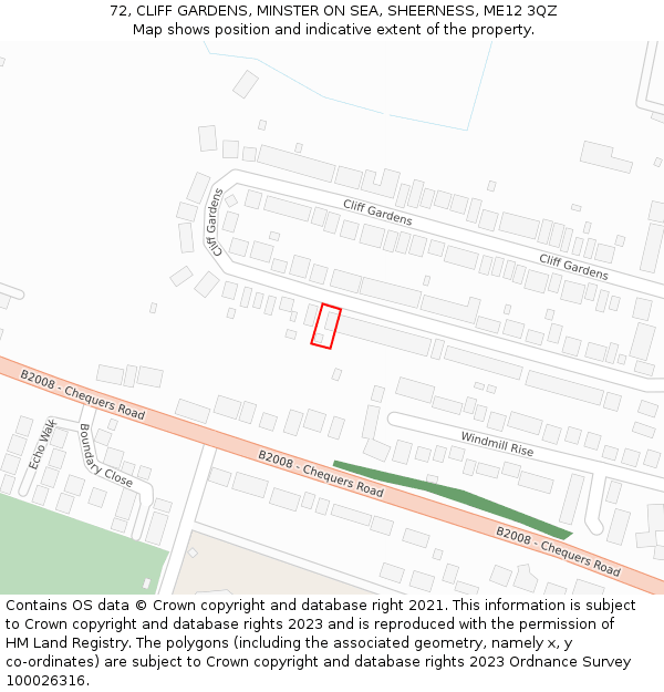 72, CLIFF GARDENS, MINSTER ON SEA, SHEERNESS, ME12 3QZ: Location map and indicative extent of plot