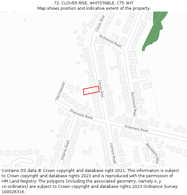 72, CLOVER RISE, WHITSTABLE, CT5 3HT: Location map and indicative extent of plot