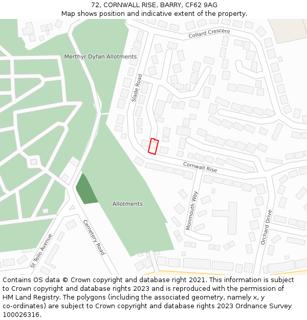 72, CORNWALL RISE, BARRY, CF62 9AG: Location map and indicative extent of plot