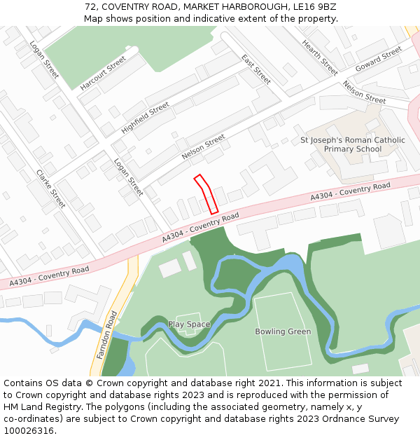 72, COVENTRY ROAD, MARKET HARBOROUGH, LE16 9BZ: Location map and indicative extent of plot