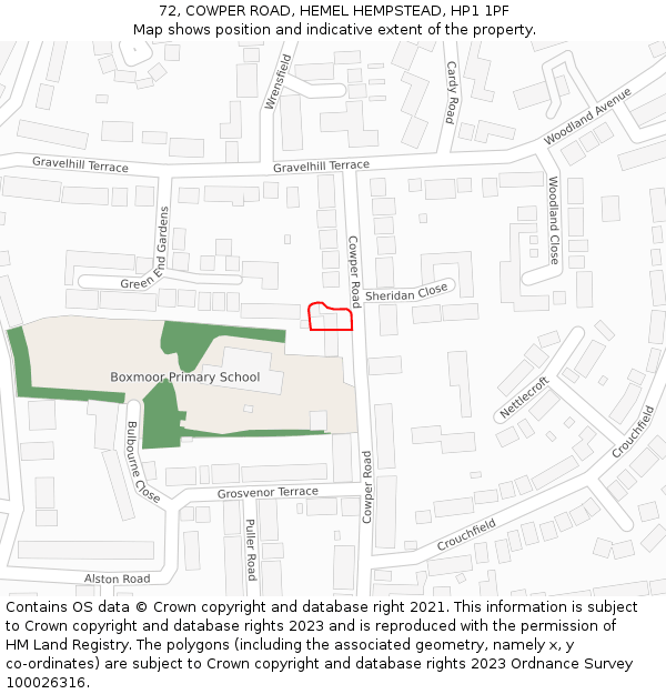 72, COWPER ROAD, HEMEL HEMPSTEAD, HP1 1PF: Location map and indicative extent of plot