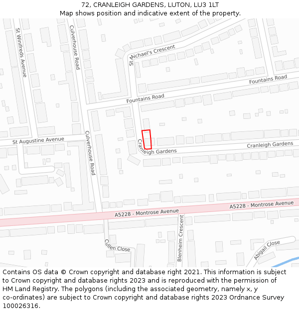 72, CRANLEIGH GARDENS, LUTON, LU3 1LT: Location map and indicative extent of plot