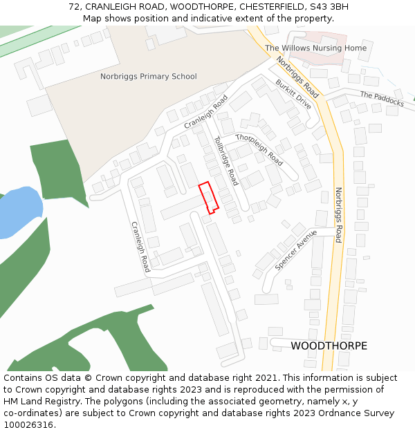 72, CRANLEIGH ROAD, WOODTHORPE, CHESTERFIELD, S43 3BH: Location map and indicative extent of plot