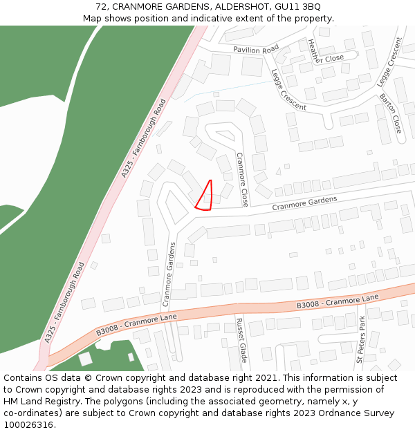 72, CRANMORE GARDENS, ALDERSHOT, GU11 3BQ: Location map and indicative extent of plot