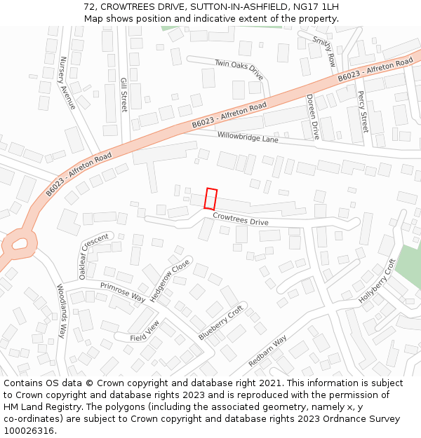 72, CROWTREES DRIVE, SUTTON-IN-ASHFIELD, NG17 1LH: Location map and indicative extent of plot