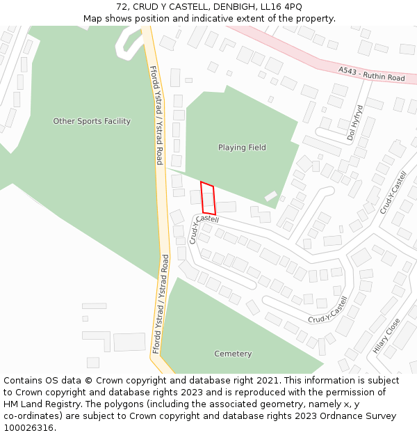 72, CRUD Y CASTELL, DENBIGH, LL16 4PQ: Location map and indicative extent of plot