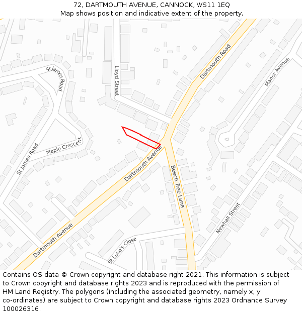 72, DARTMOUTH AVENUE, CANNOCK, WS11 1EQ: Location map and indicative extent of plot