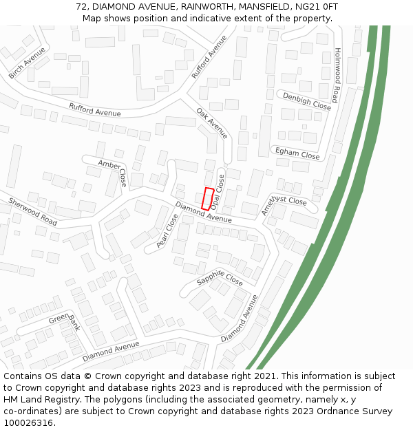 72, DIAMOND AVENUE, RAINWORTH, MANSFIELD, NG21 0FT: Location map and indicative extent of plot