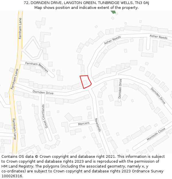 72, DORNDEN DRIVE, LANGTON GREEN, TUNBRIDGE WELLS, TN3 0AJ: Location map and indicative extent of plot