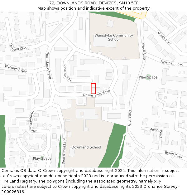 72, DOWNLANDS ROAD, DEVIZES, SN10 5EF: Location map and indicative extent of plot
