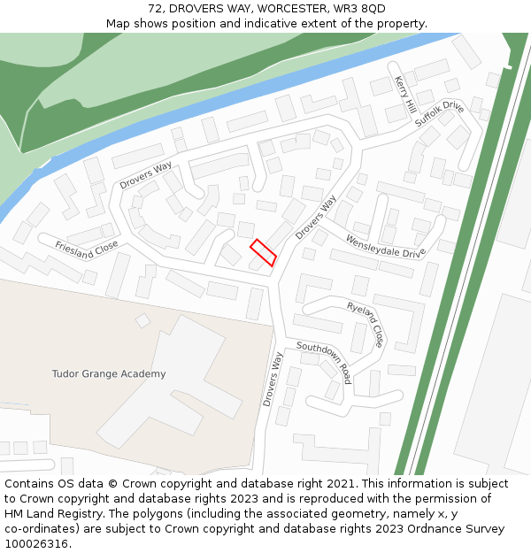 72, DROVERS WAY, WORCESTER, WR3 8QD: Location map and indicative extent of plot