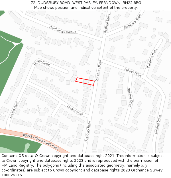 72, DUDSBURY ROAD, WEST PARLEY, FERNDOWN, BH22 8RG: Location map and indicative extent of plot