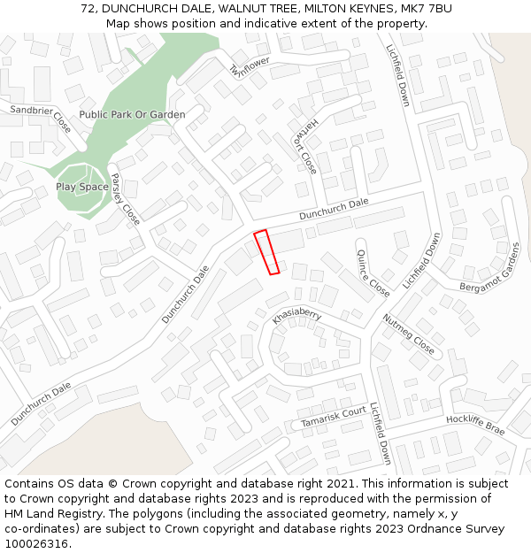 72, DUNCHURCH DALE, WALNUT TREE, MILTON KEYNES, MK7 7BU: Location map and indicative extent of plot