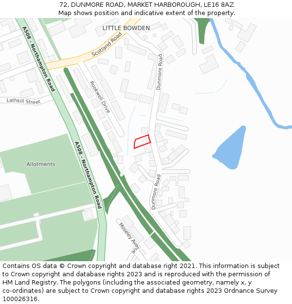 72, DUNMORE ROAD, MARKET HARBOROUGH, LE16 8AZ: Location map and indicative extent of plot