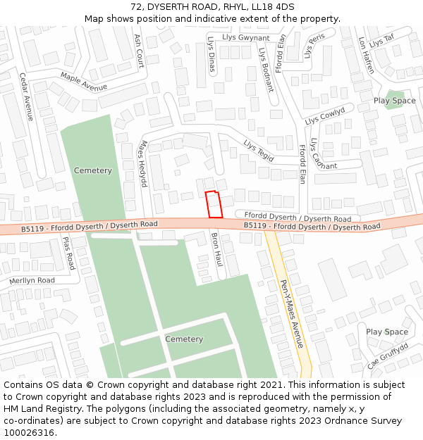 72, DYSERTH ROAD, RHYL, LL18 4DS: Location map and indicative extent of plot