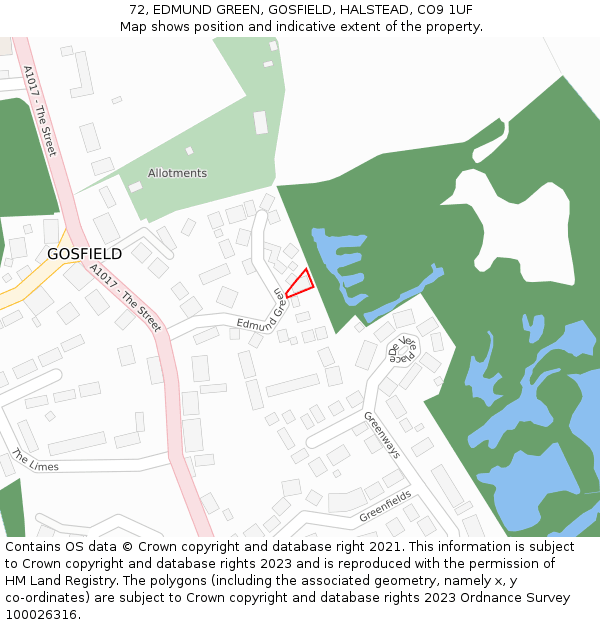 72, EDMUND GREEN, GOSFIELD, HALSTEAD, CO9 1UF: Location map and indicative extent of plot