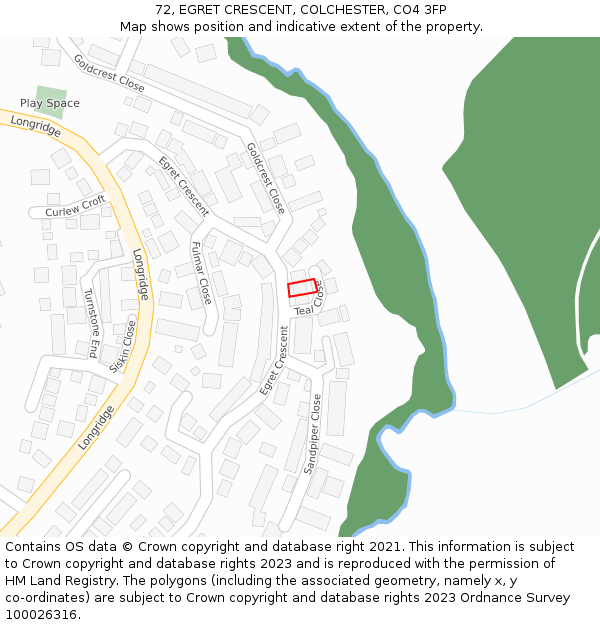 72, EGRET CRESCENT, COLCHESTER, CO4 3FP: Location map and indicative extent of plot