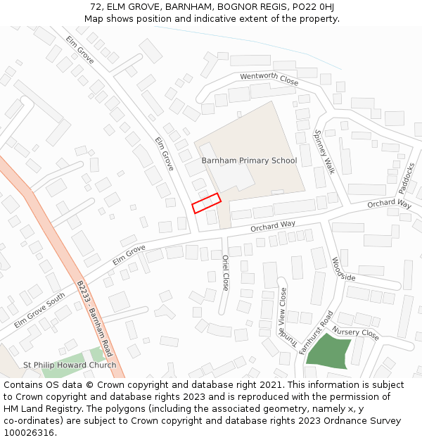 72, ELM GROVE, BARNHAM, BOGNOR REGIS, PO22 0HJ: Location map and indicative extent of plot