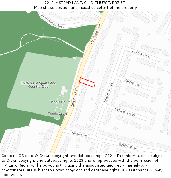 72, ELMSTEAD LANE, CHISLEHURST, BR7 5EL: Location map and indicative extent of plot