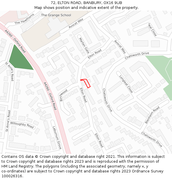 72, ELTON ROAD, BANBURY, OX16 9UB: Location map and indicative extent of plot