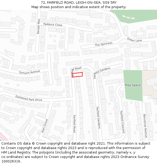 72, FAIRFIELD ROAD, LEIGH-ON-SEA, SS9 5RY: Location map and indicative extent of plot