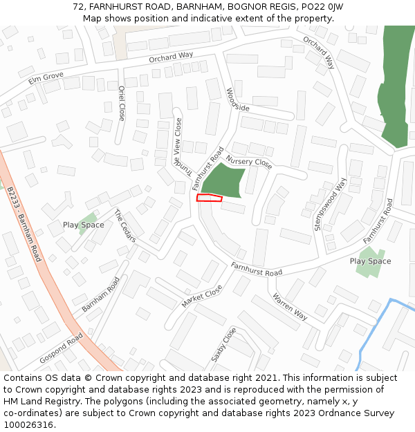 72, FARNHURST ROAD, BARNHAM, BOGNOR REGIS, PO22 0JW: Location map and indicative extent of plot