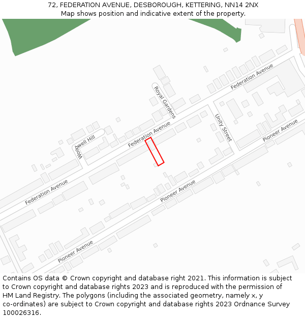 72, FEDERATION AVENUE, DESBOROUGH, KETTERING, NN14 2NX: Location map and indicative extent of plot