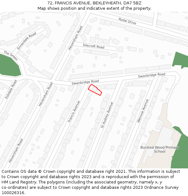 72, FRANCIS AVENUE, BEXLEYHEATH, DA7 5BZ: Location map and indicative extent of plot