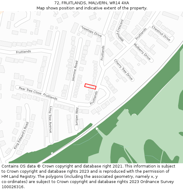 72, FRUITLANDS, MALVERN, WR14 4XA: Location map and indicative extent of plot