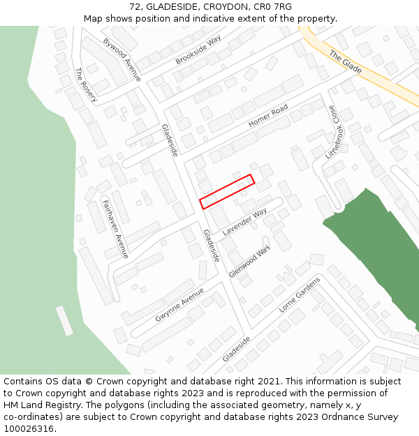 72, GLADESIDE, CROYDON, CR0 7RG: Location map and indicative extent of plot