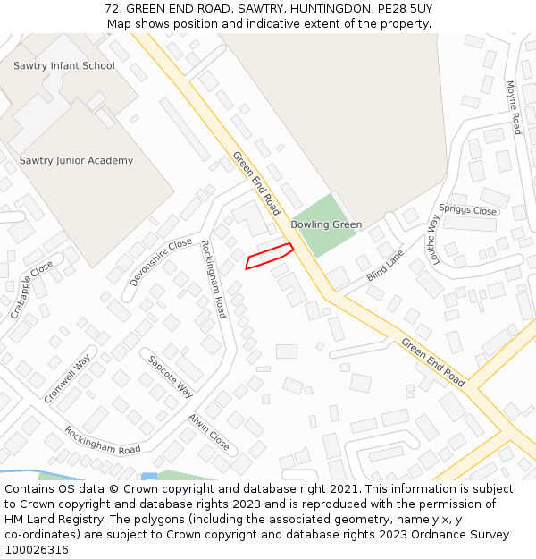 72, GREEN END ROAD, SAWTRY, HUNTINGDON, PE28 5UY: Location map and indicative extent of plot