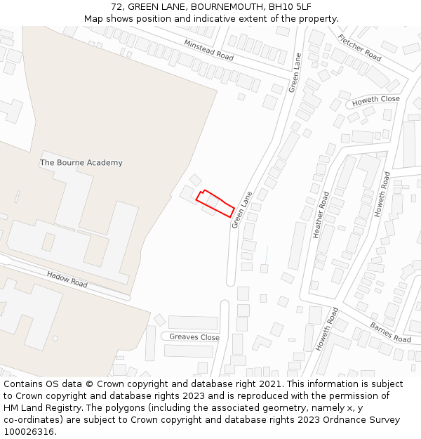 72, GREEN LANE, BOURNEMOUTH, BH10 5LF: Location map and indicative extent of plot