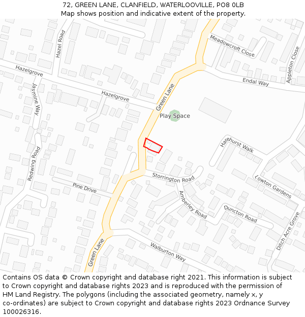 72, GREEN LANE, CLANFIELD, WATERLOOVILLE, PO8 0LB: Location map and indicative extent of plot