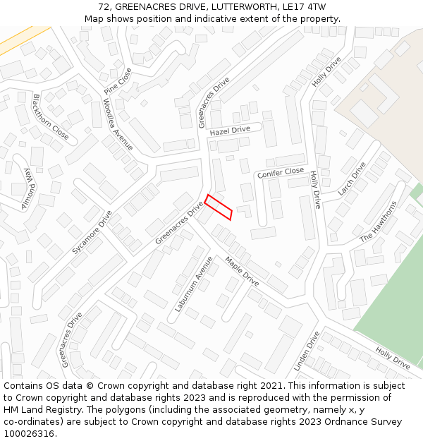 72, GREENACRES DRIVE, LUTTERWORTH, LE17 4TW: Location map and indicative extent of plot