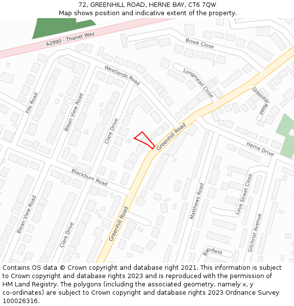 72, GREENHILL ROAD, HERNE BAY, CT6 7QW: Location map and indicative extent of plot