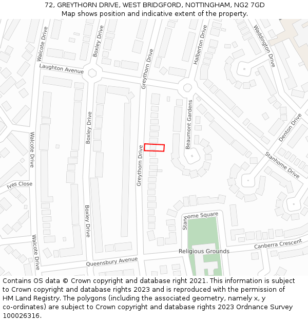 72, GREYTHORN DRIVE, WEST BRIDGFORD, NOTTINGHAM, NG2 7GD: Location map and indicative extent of plot