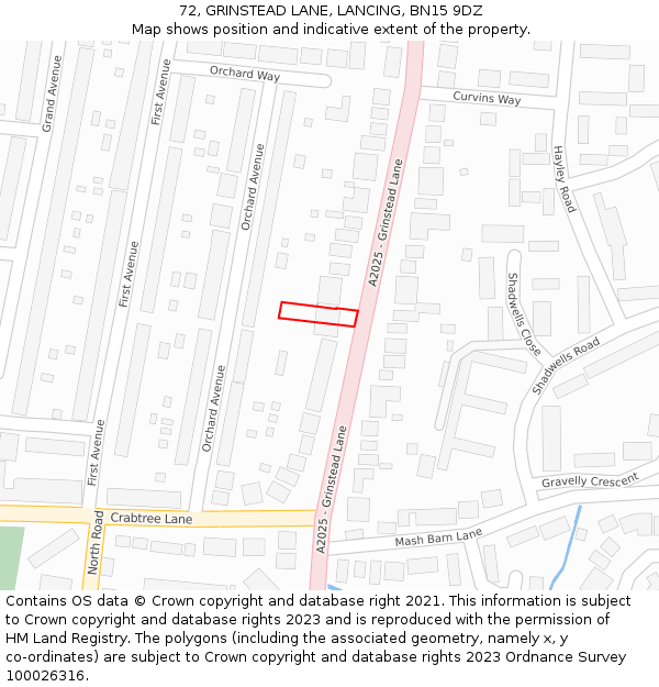 72, GRINSTEAD LANE, LANCING, BN15 9DZ: Location map and indicative extent of plot