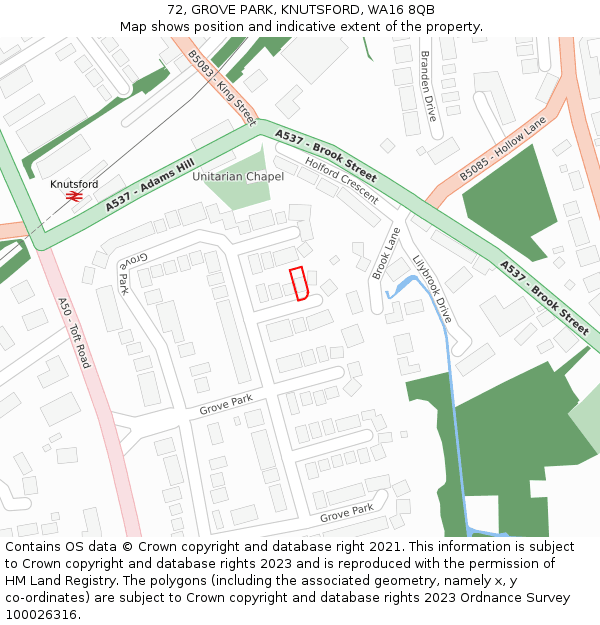 72, GROVE PARK, KNUTSFORD, WA16 8QB: Location map and indicative extent of plot
