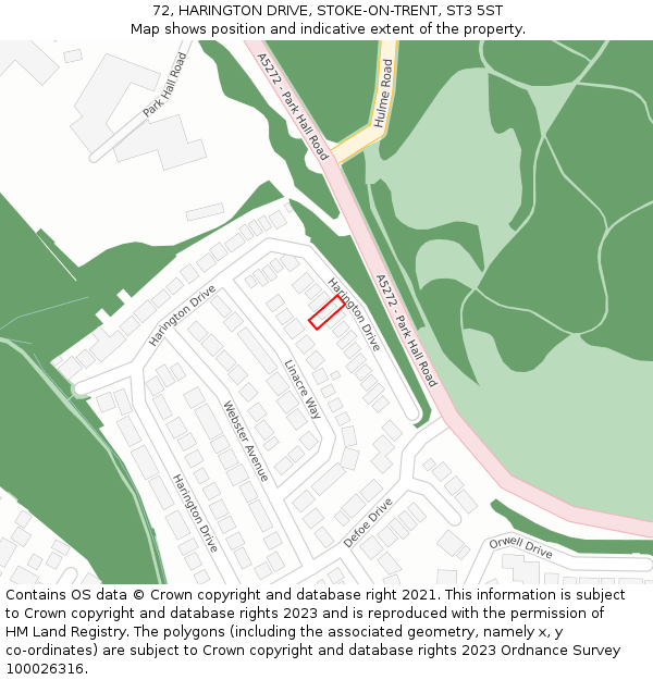 72, HARINGTON DRIVE, STOKE-ON-TRENT, ST3 5ST: Location map and indicative extent of plot