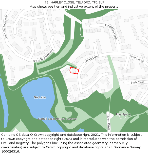 72, HARLEY CLOSE, TELFORD, TF1 3LF: Location map and indicative extent of plot