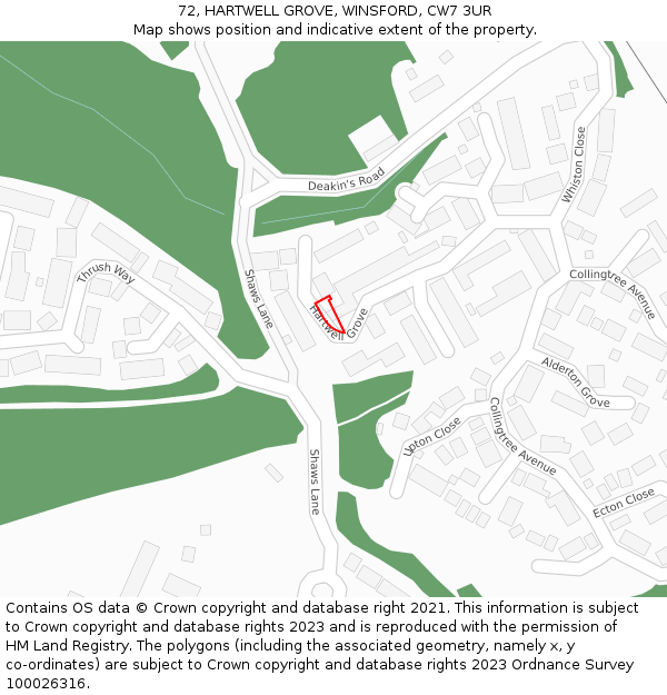 72, HARTWELL GROVE, WINSFORD, CW7 3UR: Location map and indicative extent of plot