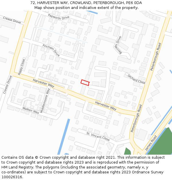 72, HARVESTER WAY, CROWLAND, PETERBOROUGH, PE6 0DA: Location map and indicative extent of plot
