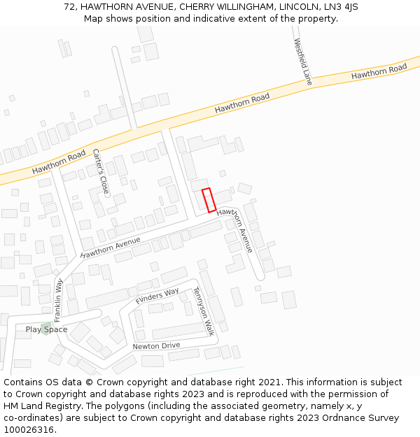 72, HAWTHORN AVENUE, CHERRY WILLINGHAM, LINCOLN, LN3 4JS: Location map and indicative extent of plot