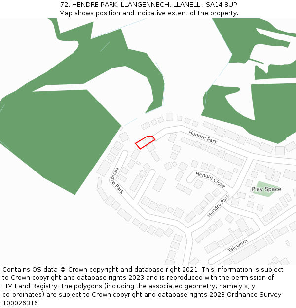 72, HENDRE PARK, LLANGENNECH, LLANELLI, SA14 8UP: Location map and indicative extent of plot