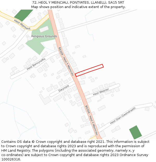 72, HEOL Y MEINCIAU, PONTYATES, LLANELLI, SA15 5RT: Location map and indicative extent of plot